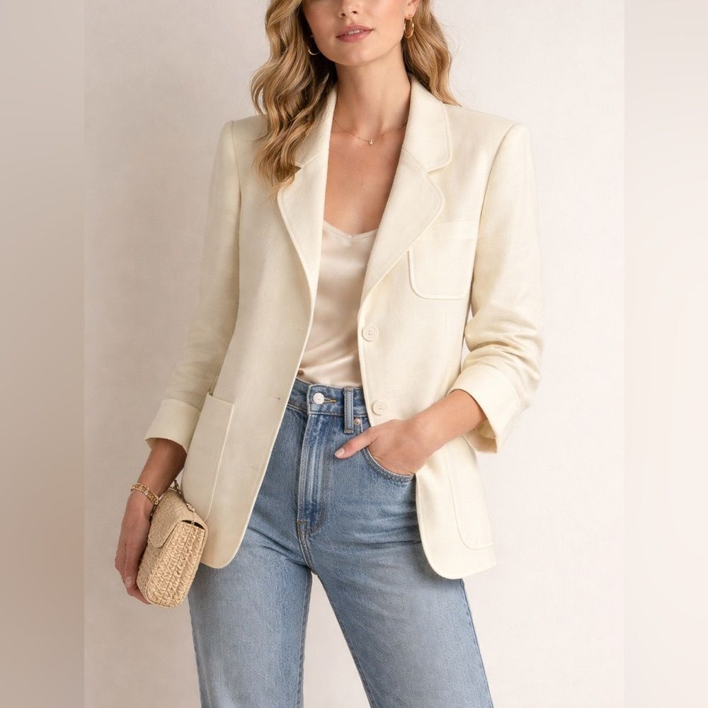 Weinberg Paris Cream Wool Blend Jacket Blazer Shoulder Pads France Size L